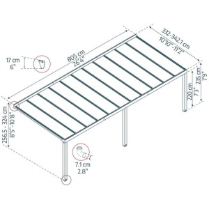 פרגולה אלומיניום STOCKHOLM אפורה 3.4×8.1 עם קירוי שקוף