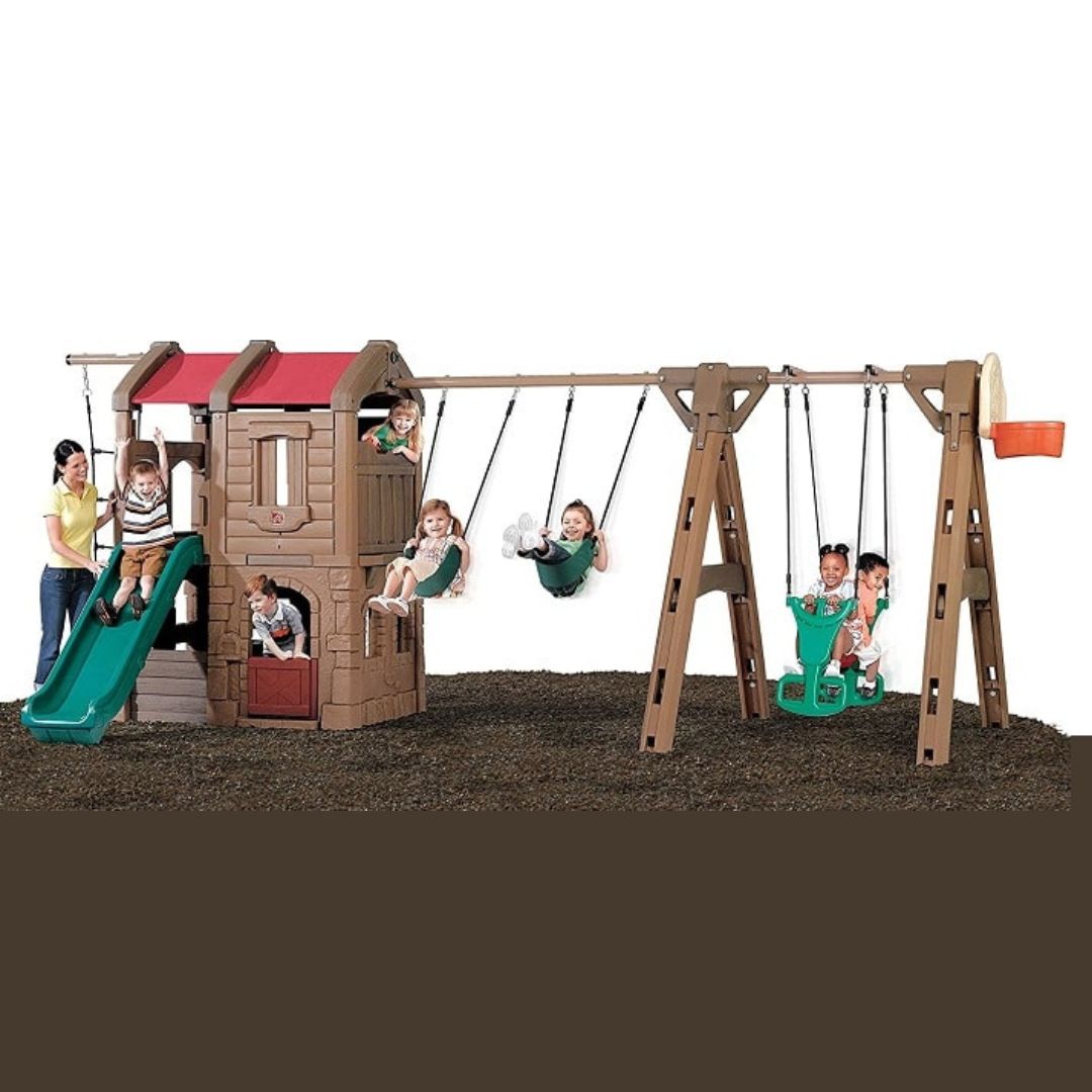 מתקן חצר מתקן הרפתקאות ענק לילדים כולל 3 נדנדות וסל מבית STEP2 ארה"ב