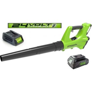 מפוח עלים GREENWORKS 24V דגם 99506-1-1 עם סוללת 4 אמפר ומטען מהיר, מהירות אוויר 226 קמ"ש, משקל 1.5 ק"ג, מושלם לתחזוקה ביתית ופינוי עלים