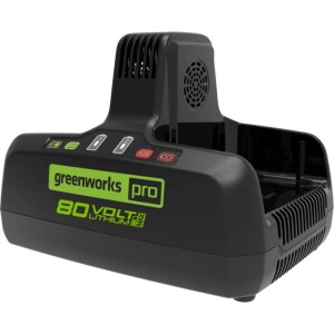 מטען כפול GREENWORKS 80V דגם 99559 עם שני תאי טעינה מקבילים, מאוורר מובנה וחיווי LED, מתאים לסוללות 2.0-8.0 אמפר עם זמני טעינה מהירים