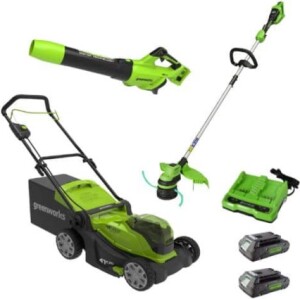 ערכת גינון Greenworks Triumph 48V דגם 99532-6 הכוללת חרמש Brushless 33 ס"מ, מכסחת דשא 36 ס"מ ומפוח עלים עוצמתי עם שתי סוללות 2.0 אמפר ומטען כפול מהיר לתחזוקת גינות מקצועית