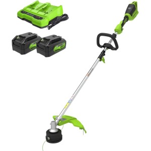 חרמש נטען Greenworks 48V Brushless דגם 99532-4 עם ראש מתכוונן, מוט טלסקופי, שתי סוללות 4 אמפר ומטען כפול לחיתוך דשא וקנטים מקצועי