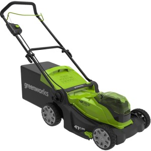 מכסחת דשא GREENWORKS 48V דגם 99519-1 עם גוף פולימר קל, רוחב כיסוח 41 ס"מ ומערכת כיסוח כפולה לגינות קטנות ובינוניות