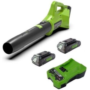 מפוח עלים GREENWORKS GEN2 24V דגם 99506-11 עם שתי סוללות 2 אמפר ומטען מהיר, מהירות 145 קמ"ש וספיקה 320 מ"ק/שעה לתחזוקה ביתית מושלמת
