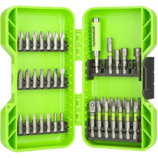 קיט 40 ביטים ומקדחים GREENWORKS דגם 99496 מפלדת סגסוגת חזקה במזוודת פלסטיק קשיחה עם ארגון מסודר לעבודות הברגה וקידוח מקצועיות