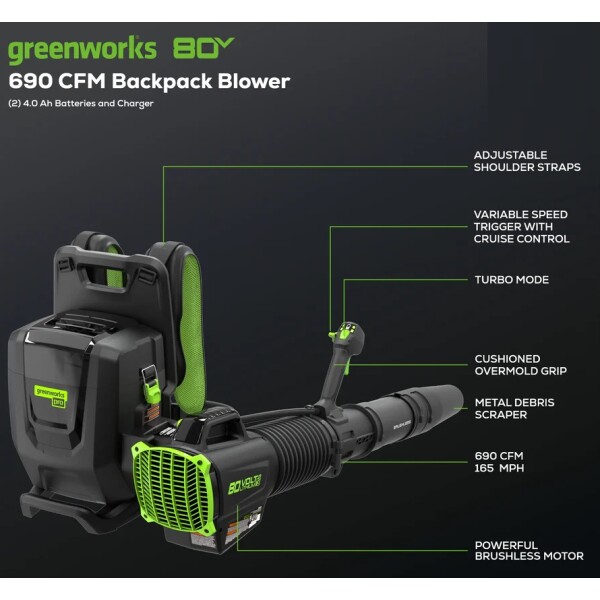 ⁦מפוח עלים 80V נטען בראשלס נישא (גוף בלבד) מבית GREENWORKS⁩ – תמונה ⁦2⁩