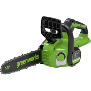 מסור שרשרת GREENWORKS 24V דגם 99517-1 עם מנוע Brushless, להב 30 ס"מ, 2 סוללות 2 אמפר ומטען כפול לעבודות חיתוך ביתיות ומקצועיות
