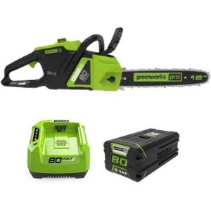 מסור שרשרת GREENWORKS PRO 80V דגם 99516-2 עם להב 12 אינץ', סוללת 4 אמפר ומטען מהיר לביצועים מקצועיים במשקל קל של 3.3 ק"ג