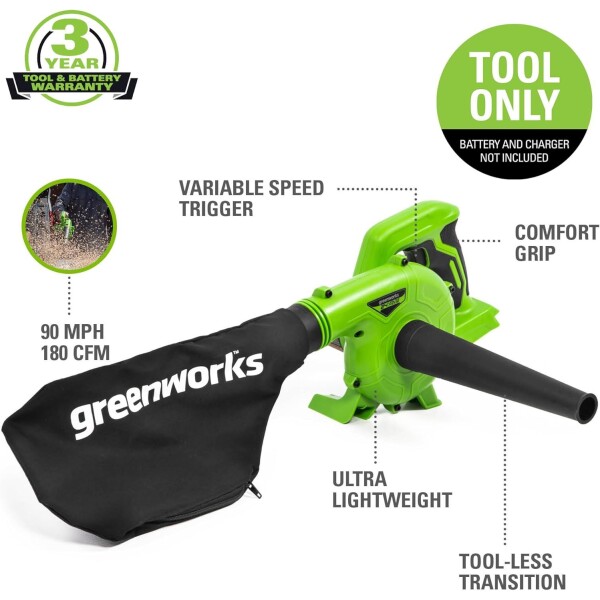 שואב/מפוח ברל'ה GREENWORKS 24V דגם 99506-7 קומפקטי במיוחד במשקל 1.1 ק"ג למקצועיים, מהירות 290 קמ"ש לעבודות מדויקות על רכיבי מחשב ולוחות חשמל