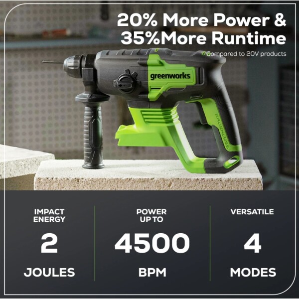 ⁦פטישון נטען 24V Brushless SDS-Plus גוף בלבד - 24V מבית GREENWORKS⁩ – תמונה ⁦3⁩
