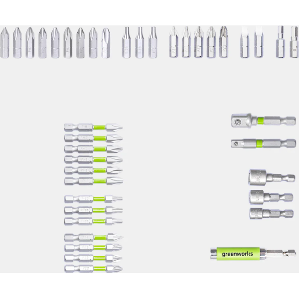 קיט 40 ביטים ומקדחים GREENWORKS דגם 99496 מפלדת סגסוגת חזקה במזוודת פלסטיק קשיחה עם ארגון מסודר לעבודות הברגה וקידוח מקצועיות
