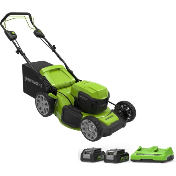 מכסחת דשא נטענת GREENWORKS דגם 99724-1 עם מנוע Brushless 48V, נסיעה עצמית, רוחב כיסוח 46 ס"מ, שתי סוללות 5 אמפר עם USB ומטען כפול מהיר, מתאימה לגינות גדולות עם 7 מצבי גובה כיסוח ושלושה מצבי פעולה