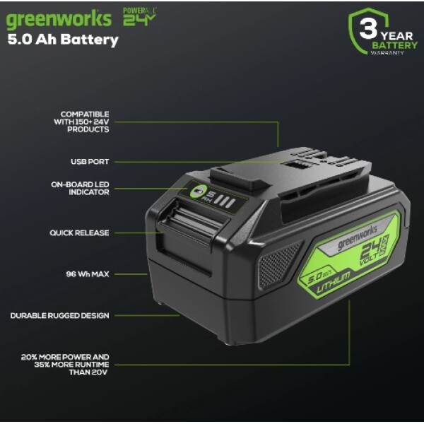 ⁦סוללת ליתיום 5Ah 24V (כולל יציאת USB) מבית GREENWORKS⁩ – תמונה ⁦4⁩