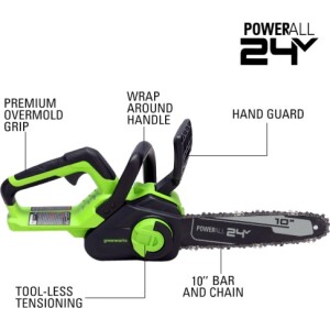 מסור שרשרת נטען GREENWORKS דגם 99701-2 עם להב OREGON 10 אינץ', שתי סוללות 2 אמפר ומטען מהיר, מערכת שימון אוטומטי ומתיחת שרשרת ללא כלים