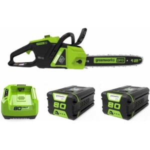 מסור שרשרת GREENWORKS PRO 80V דגם 99516-1 עם להב 12 אינץ', שתי סוללות 2 אמפר ומטען מהיר לביצועים מקצועיים וחיתוך עוצמתי