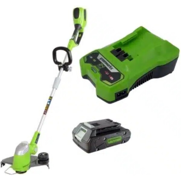 GREENWORKS חרמש קנטים נטען 24V דגם 99703-1 עם ראש מתכוונן, גלגלת תומכת ומוט טלסקופי, כולל סוללת 2 אמפר ומטען מהיר לתחזוקת דשא וקנטים מקצועית