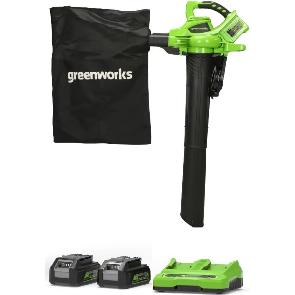 מפוח שואב עלים נטען GREENWORKS דגם 99718-2 עם מנוע Brushless 48V, מהירות 321 קמ"ש, שק איסוף 45 ליטר, כולל שתי סוללות 4 אמפר ומטען כפול, מכשיר 3 ב-1 לתחזוקת חצר מקצועית