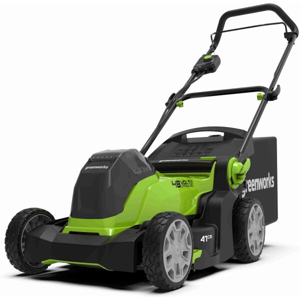 מכסחת דשא נטענת GREENWORKS דגם 99722 48V עם רוחב כיסוח 41 ס"מ, גוף פולימר עמיד, שתי סוללות 2 אמפר ומטען כפול, מתאימה לגינות קטנות ובינוניות