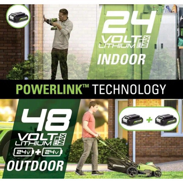 ⁦מכסחת דשא נטענת 48V + שתי סוללות 4 אמפר ומטען כפול - סט מלא - 48V דגם 99724-2 GREENWORKS⁩ – תמונה ⁦2⁩