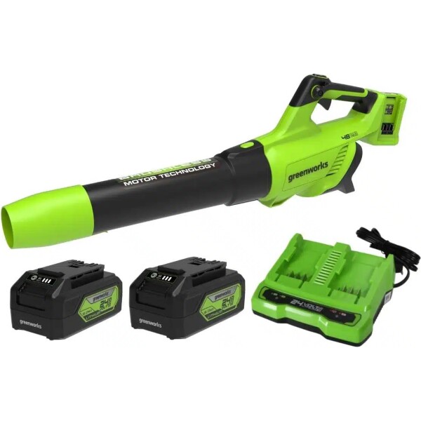מפוח עלים נטען + שתי סוללות 5 אמפר USB ומטען כפול מהיר סט מלא - 48V דגם 99731 GREENWORKS