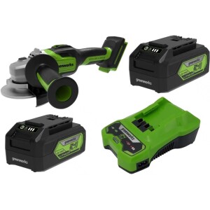 משחזת זווית נטענת GREENWORKS דגם 99774-8 עם מנוע Brushless 24V, כוללת שתי סוללות 5 אמפר ומטען מהיר, מתאימה לעבודות חיתוך והשחזה מקצועיות