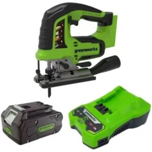 מסור אנכי נטען GREENWORKS 24V דגם 99776-3 עם מנוע Brushless, פנדל 3 מצבים, תאורת LED ובסיס מתכוונן 45 מעלות, כולל סוללת 4 אמפר ומטען מהיר לחיתוך מדויק בעץ ומתכת