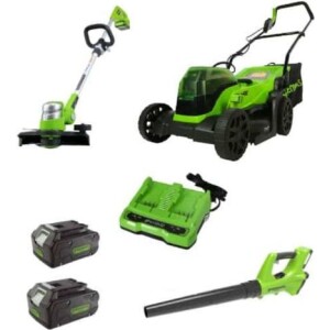דיל HOMEY - מכסחת דשא 48V, חרמש קנטים 24V ומפוח עלים + 2 סוללות 4Ah מבית GREENWORKS