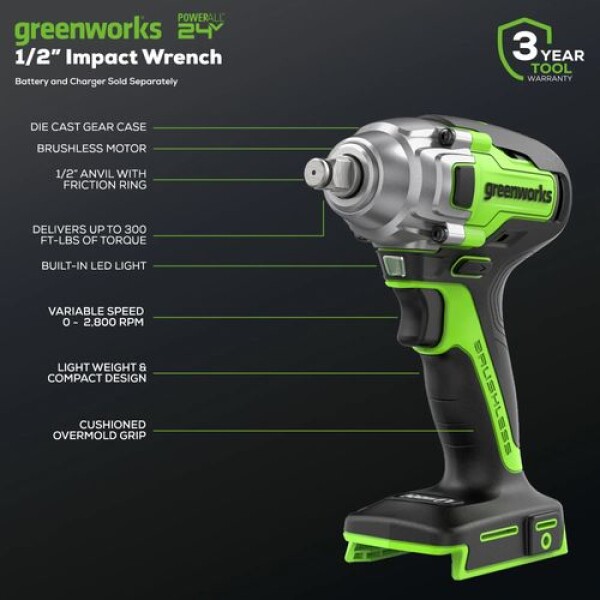 ⁦מפתח רטיטה נטען 24V (גוף בלבד) מקצועי 400Nm1/2 מבית GREENWORKS⁩ – תמונה ⁦3⁩