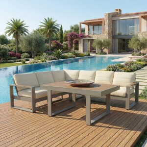 סט ריהוט גן פינתי לישיבה נוחה דגם מדריד צבע שמפניה