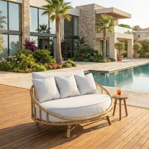 מיטת רביצה עגולה מבמבוק 1.3 מ' כולל ריפוד דגם קופנגן