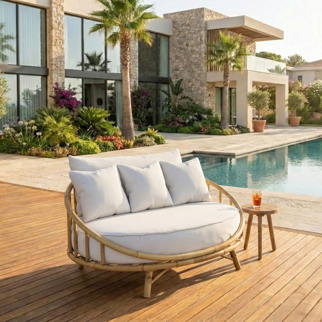 מיטת רביצה עגולה מבמבוק 1.3 מ' כולל ריפוד דגם קופנגן