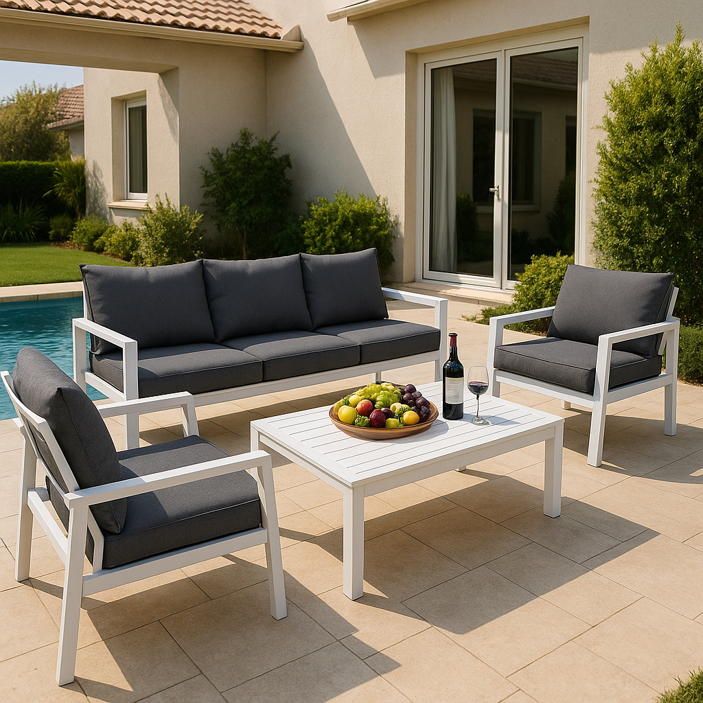 סט ריהוט גינה פינת ישיבה תלת מושבית מאלומיניום דגם בריסל בצבע לבן