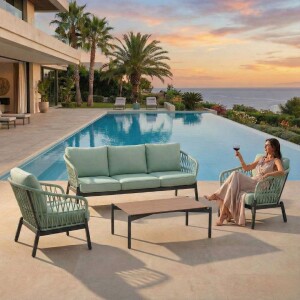 סט ריהוט גינה סלוני תלת מושבי חבלים דגם לוסי ירוק