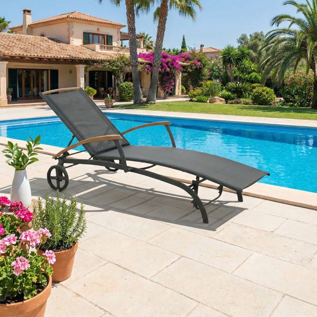 מיטת שיזוף דגם אפרודיטה אפור כהה אלומיניום בשילוב עץ