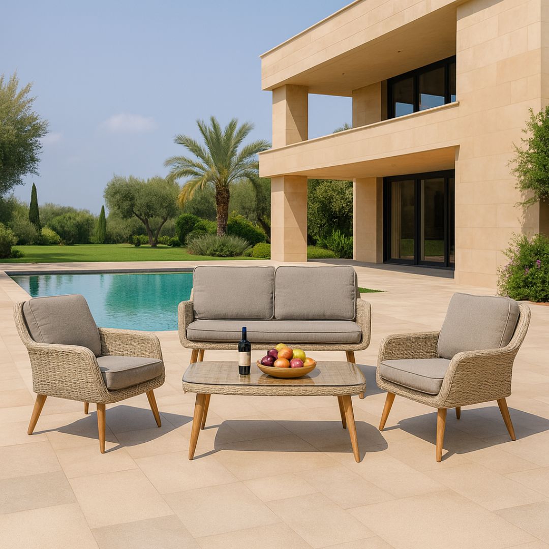 סט ריהוט גן גינה דו מושבי ראטן בצבע בז מדגם פילדלפיה