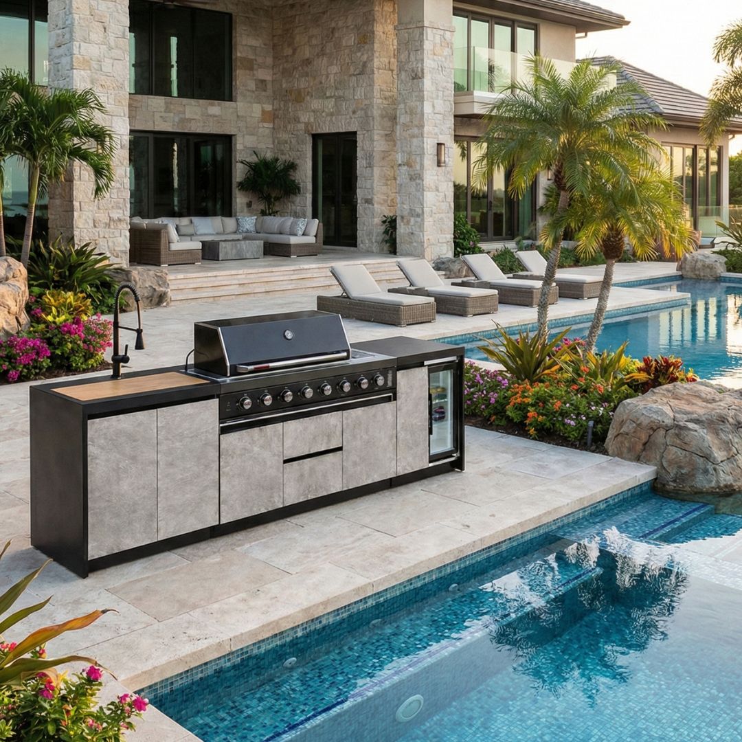 מטבח חוץ דגם מיורקה 6 מבערים ציפוי שיש אבן כולל כיור ושיפוד מסתובב