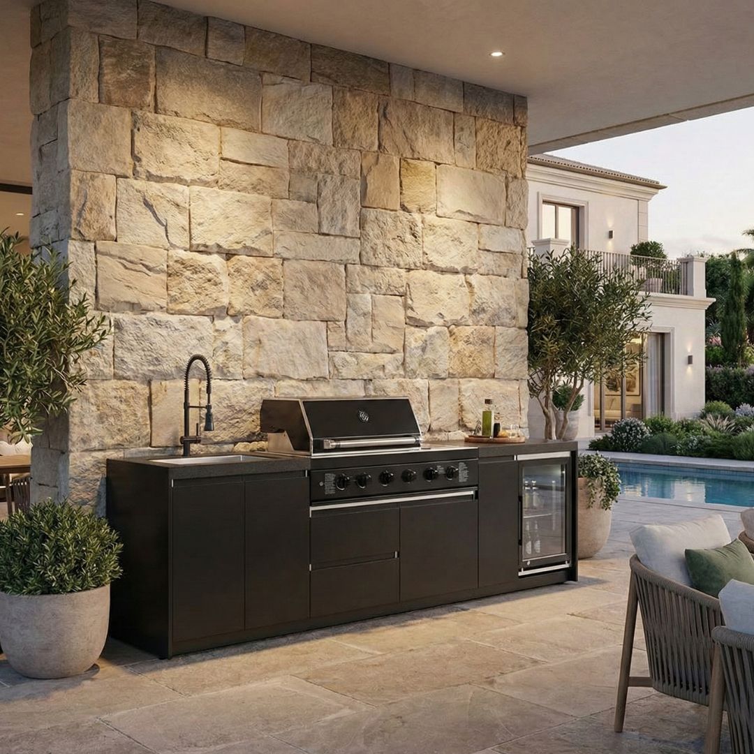 מטבח מלגה קומפלט עם כיור, מקרר וגריל גז ברביקיו 4 מבערים וכירת צד