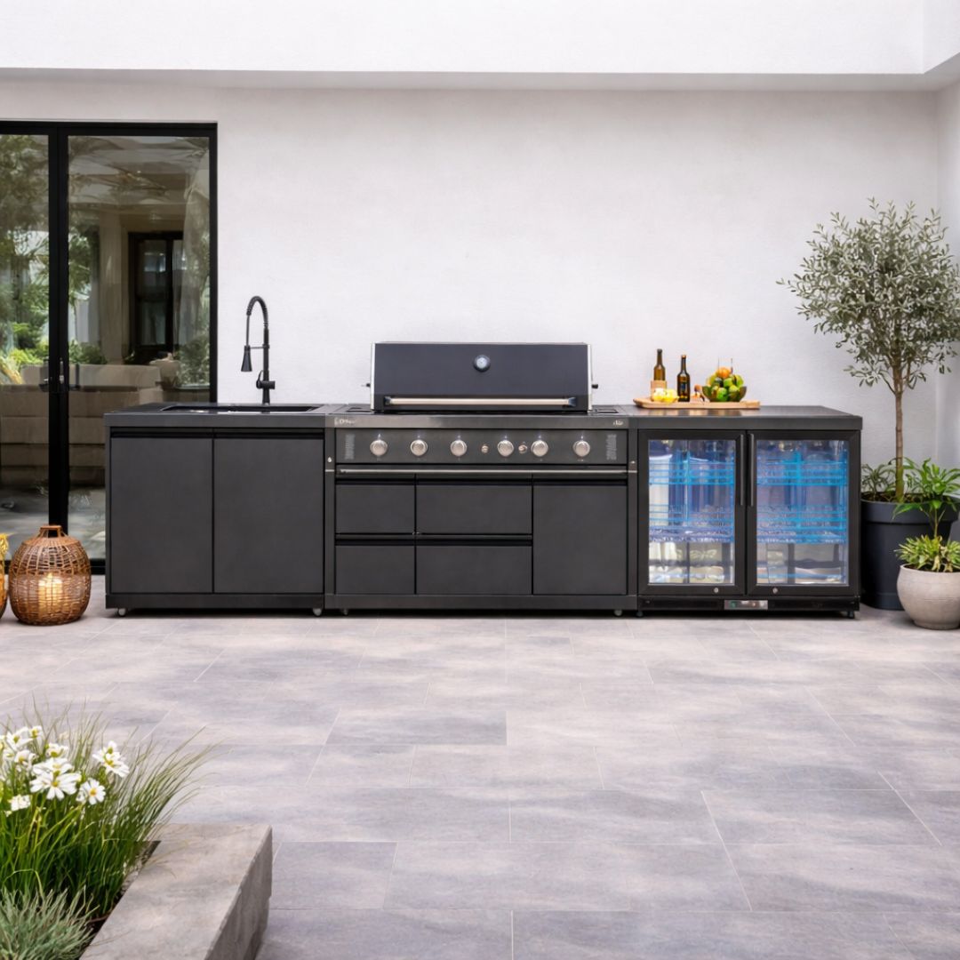 מטבח חוץ  4 מבערים נירוסטה + כירת צד + שיפוד מסתובב וארונות אחסון דגם פקטורי בעיצוב מרשים