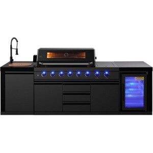 מטבח חוץ קומפלט דגם מיקונוס עם גריל 6 מבערים כיור וברז מקרר ואחסון