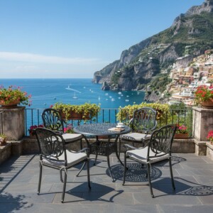 סט ישיבה מיסיסיפי שחור אלומיניום יצוק שולחן עגול + 4 כסאות ריפוד אפור  (קוטר 90)