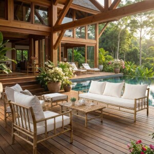 סט ישיבה במבוק תלת מושבי הכולל זוג כורסאות יחיד שולחן והדום מדגם מליבו