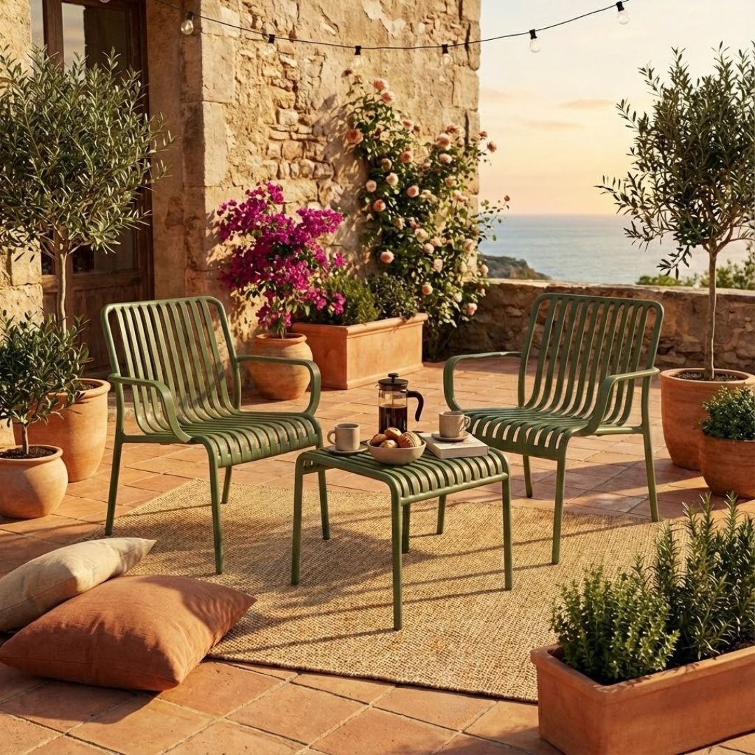 פינת ישיבה זוגית פלסטיק קשיח בצבע אבוקדו דגם טופז – עמידות מרבית