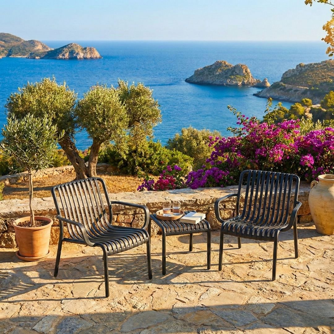 פינת ישיבה זוגית פלסטיק קשיח בצבע אפור כהה דגם טופז – עמידות מרבית