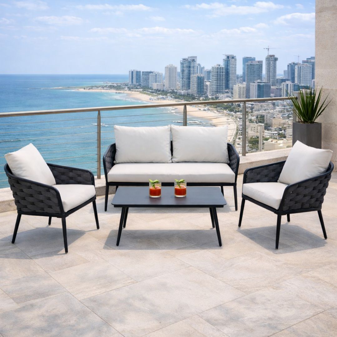 סט פינת ישיבה מדגם פריז בצבע אפור עם מסגרת שחורה