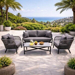 סט ריהוט גינה סלוני תלת מושבי חבלים דגם אקוודור אפור