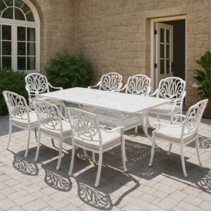 סט ריהוט גינה שולחן דגם מונקו כולל 8 כסאות צבע לבן