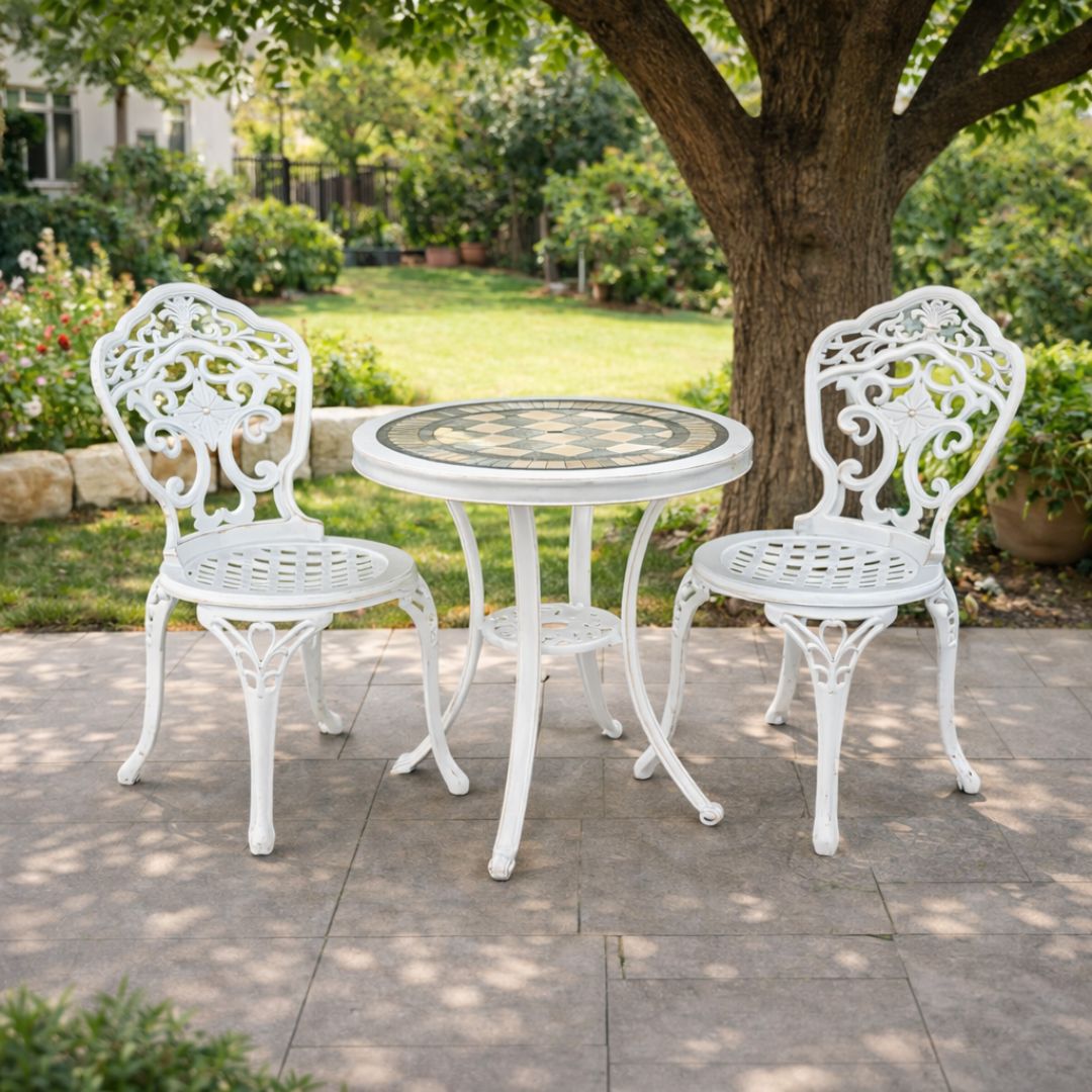 סט ביסטרו אלומיניום פינת ישיבה זוגית פסיפס דגם קנטקי לבן