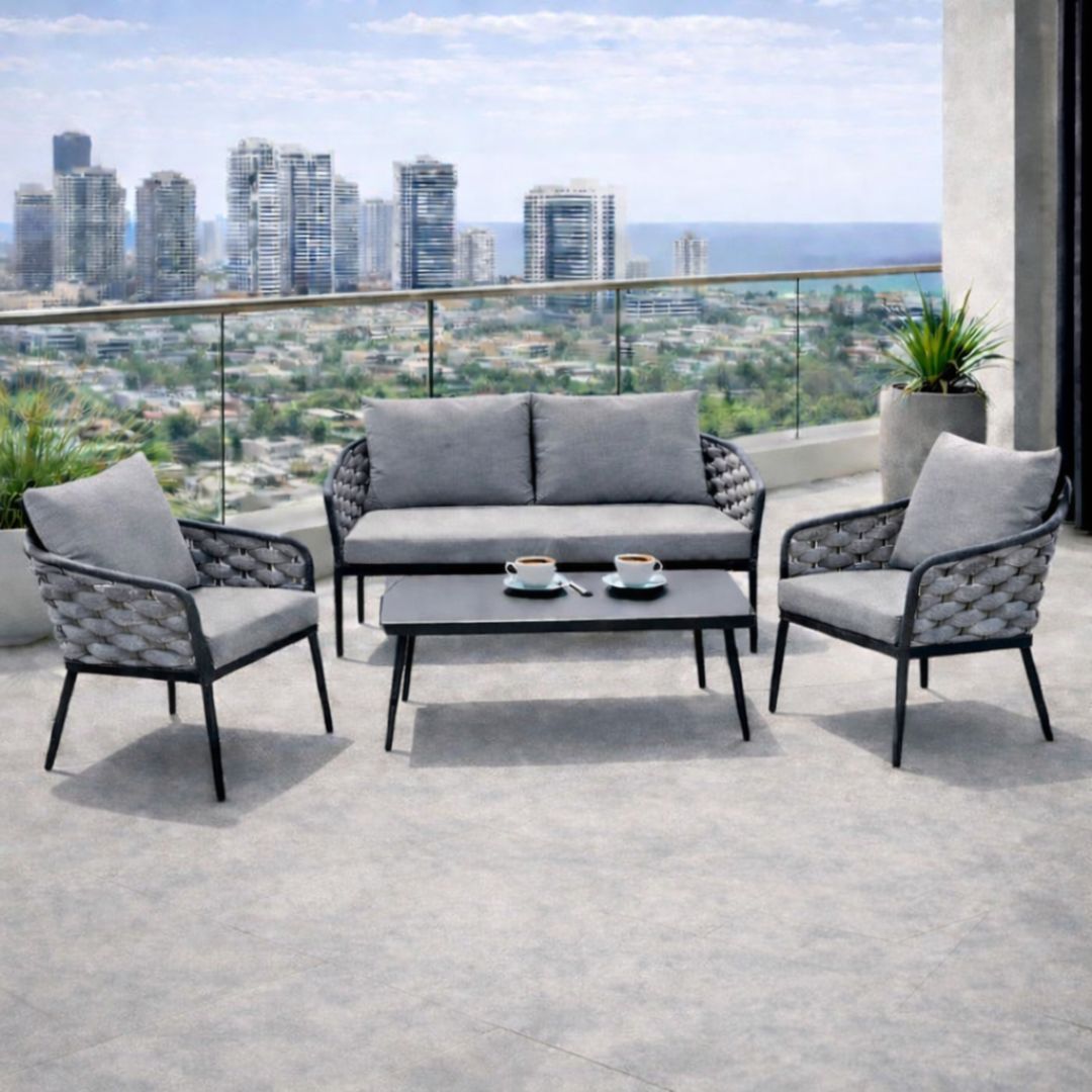 סט פינת ישיבה מדגם פריז בצבע אפור עם מסגרת שחורה