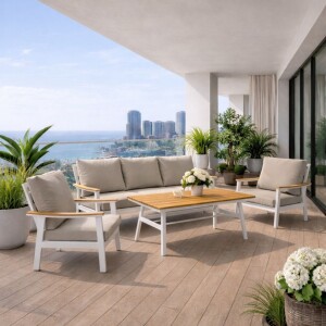 ריהוט גן סלוני תלת מושבי לבן - בוגוטה כולל שולחן גבוה