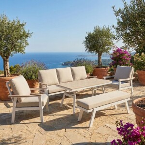 סט ריהוט גינה שמפניה דגם בוגוטה תלת מושבי שולחן גבוה עם ספסל אלומיניום